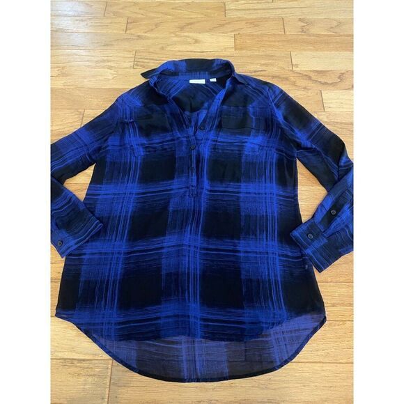 New York & Company womens Blue Plaid Sheer Button-Up collared Blouse size Medium - Picture 1 of 8